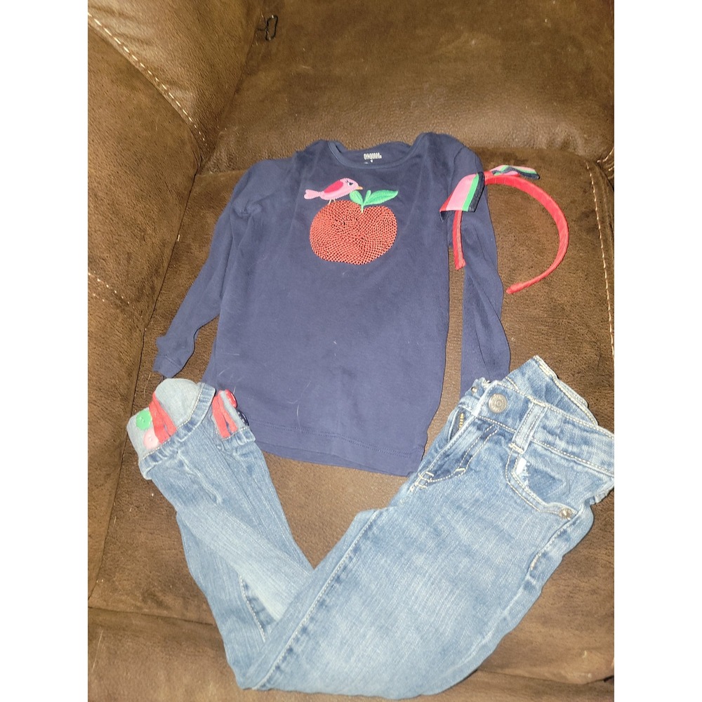 Gymboree smart little lady apple top size 4 jeans size 5 slim headband